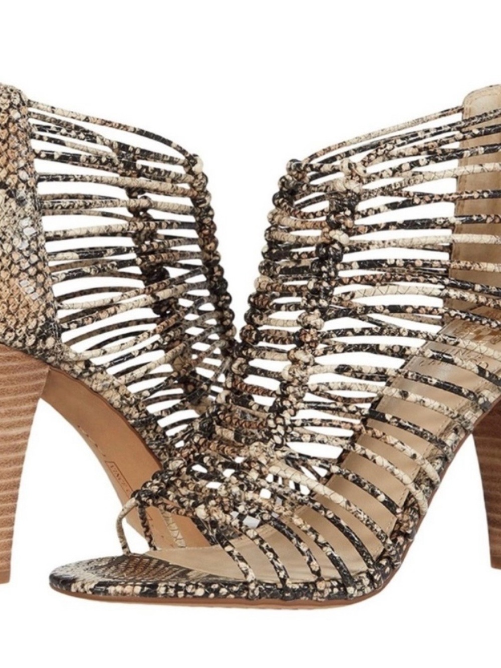 Vince Camuto Cream and Brown Woven Snake-Print Strappy Sandal